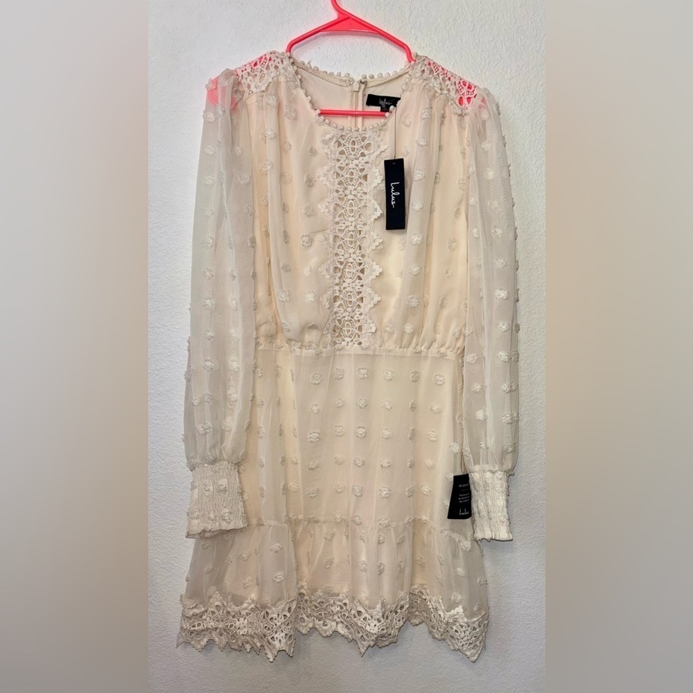 NEW Lulus Cream Embroidered Lace Boho Scandi Girl Chic XL Chiffon Dress lined - Picture 7 of 14